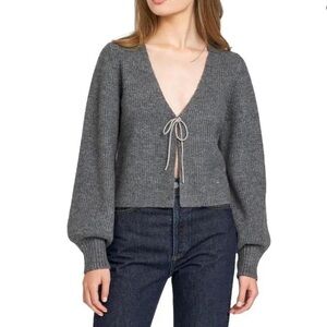 WAYF Tie Front Bow Cardigan in Dark Heather, XS (NWT)